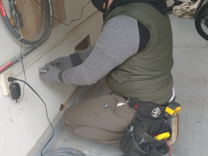 Electrician performing outlet wiring in a North Myrtle Beach garage